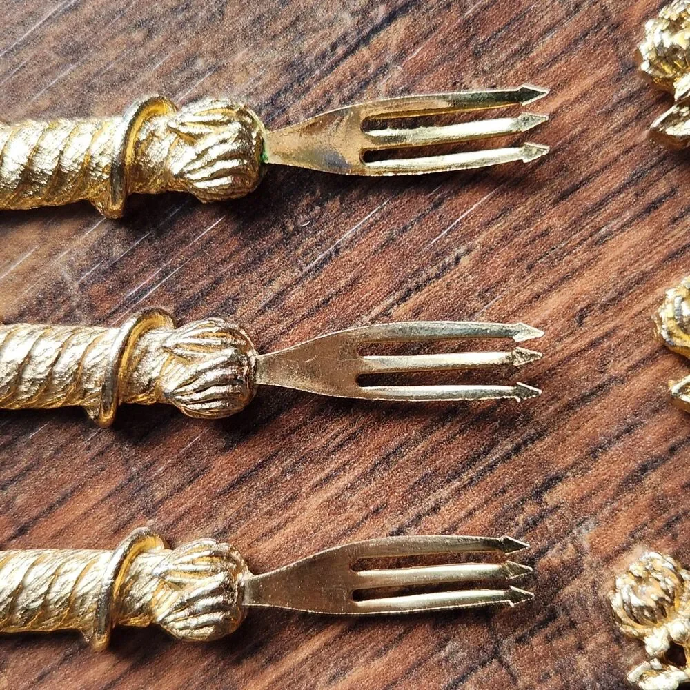 Vtg Janis Collection 24K Gold Plated Hors D'oeuvre Forks Rose Vine Set of 8 2”